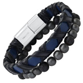 Criss Cross Leather + Lava Bracelet Stack - Steel Time
